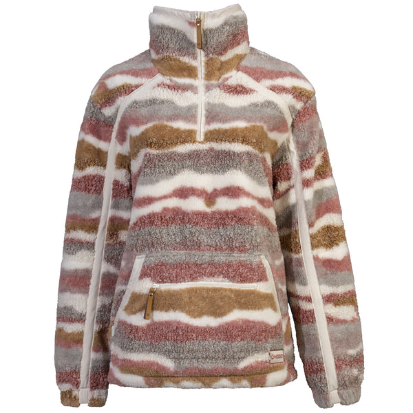 front of the brown, red, grey, white fleece pullover