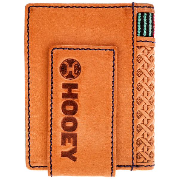 back of tooled leather with sun set serape wallet featuring money clip and Hooey brand stamp