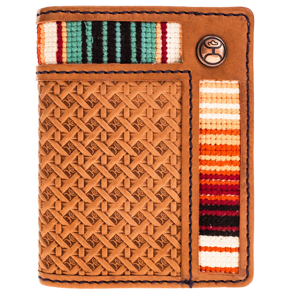 tooled leather wallet with sunset serape fabric lining