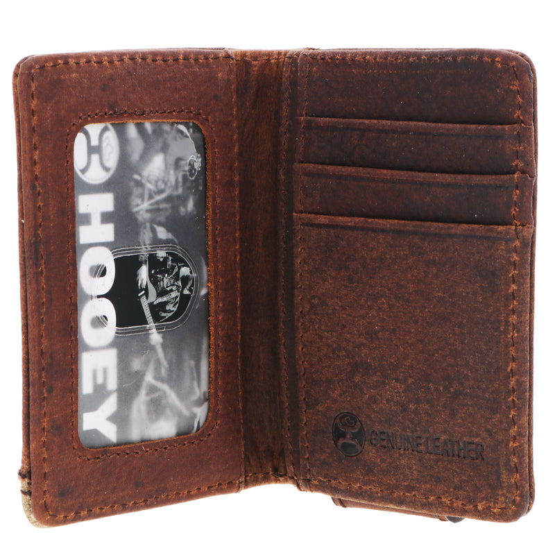 Interior of brown leather distressed wallet with genuine leather stamps