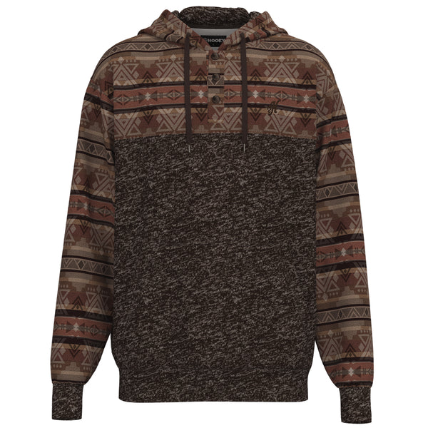 Jimmy heathered brown hoody with rust, brown, tan aztec pattern on sleeves, collar, and hood