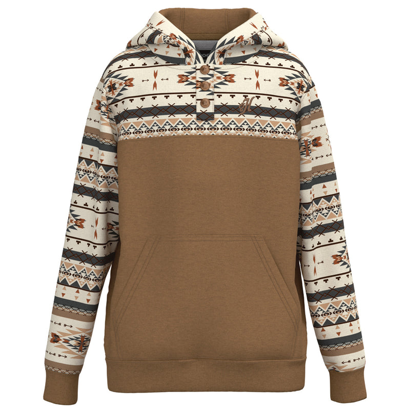 hero image of medium brown hoody with white/brown/tan Aztec pattern on sleeves, hood, and collar