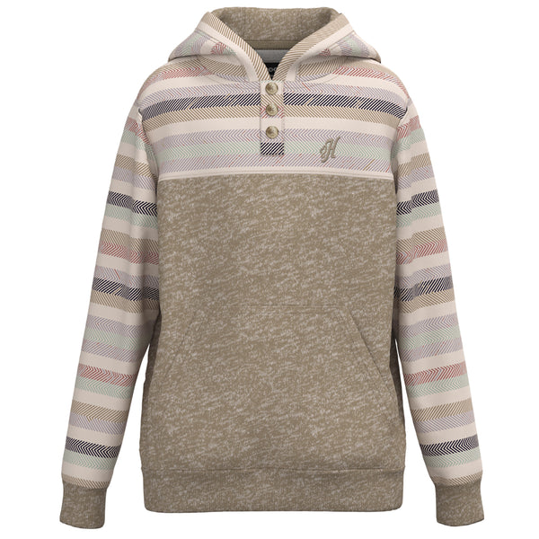 youth jimmy tan hoody with green, purple, blue, black, white serape pattern on sleeves, collar, and hood