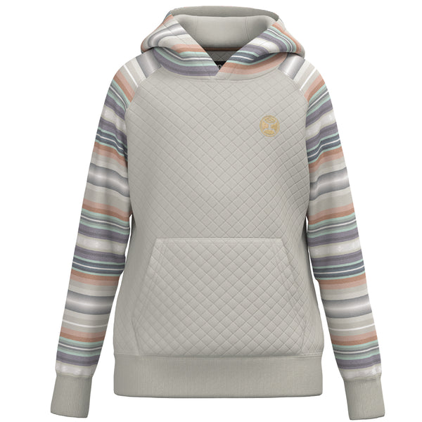 Youth Summit hoody in cream with serape pattern on sleeves and hood and quilted pattern on body