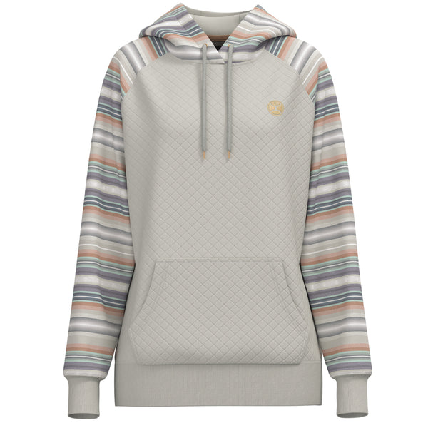 summit cream quilted patten hoody with orange, teal, grey, white serape pattern on sleeves and hood