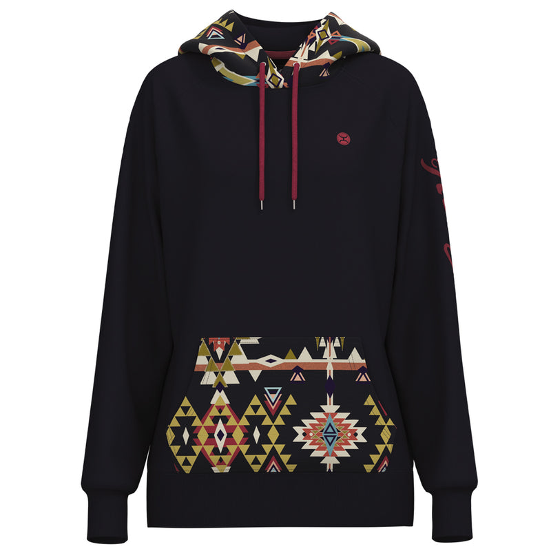 summit navy hoody with multi colored Aztec pattern on pocket and hood