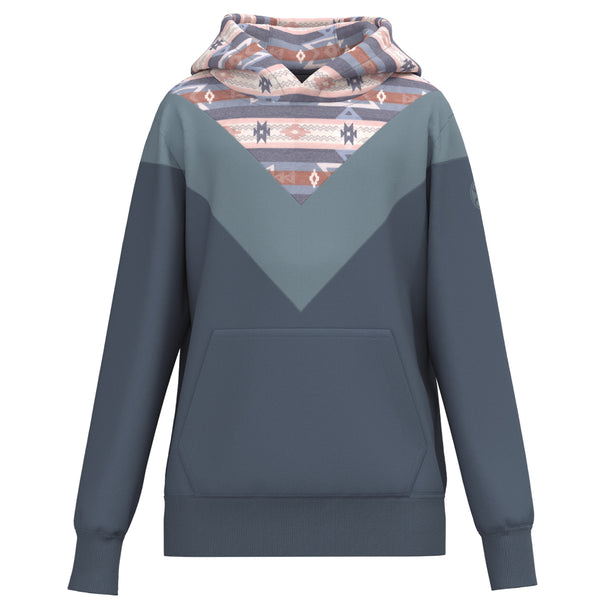 youth berkley in two tone blue with pink, blue, grey, rust Aztec and stripe pattern on collar and hood