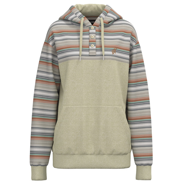 Jimmy tan hoody with grey, tan, green, white serape pattern on sleeves, collar, and hood