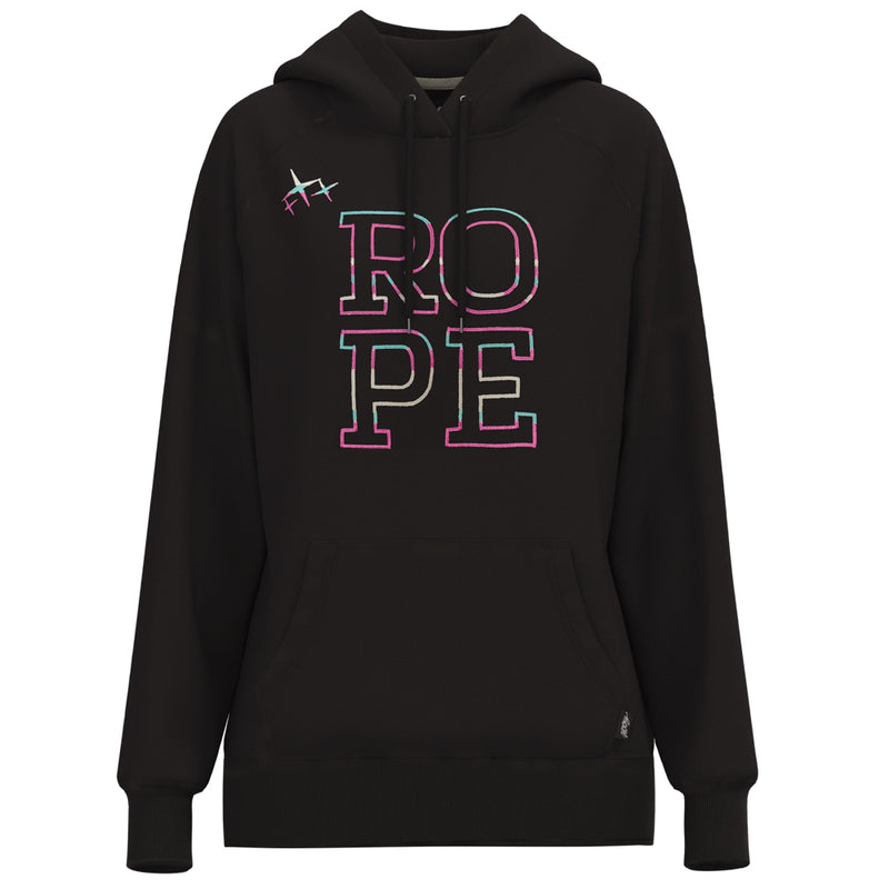 Rope Like A Girl black hoody with multi colored outline logo