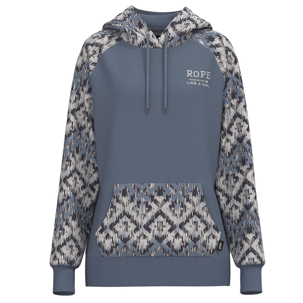 Rope Like A Girl blue and white hoody with blue, grey, white Aztec pattern on sleeves, hoody, and pocket