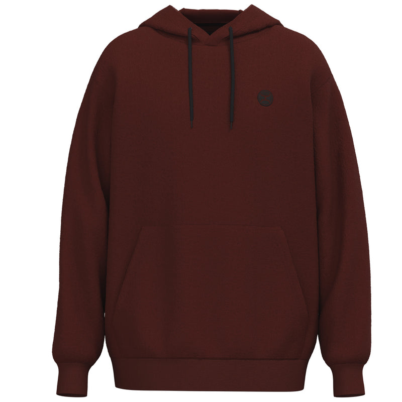 front of the shadow red hoody with Hooey logo on back and small round logo on front in black