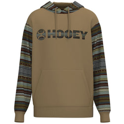 hero image of tan hooey hoody with brown/.grey/tan striped aztec pattern on sleeves and hood