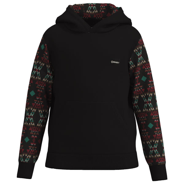 Youth Summit black hoody with multi colored Aztec pattern on sleeves and hood