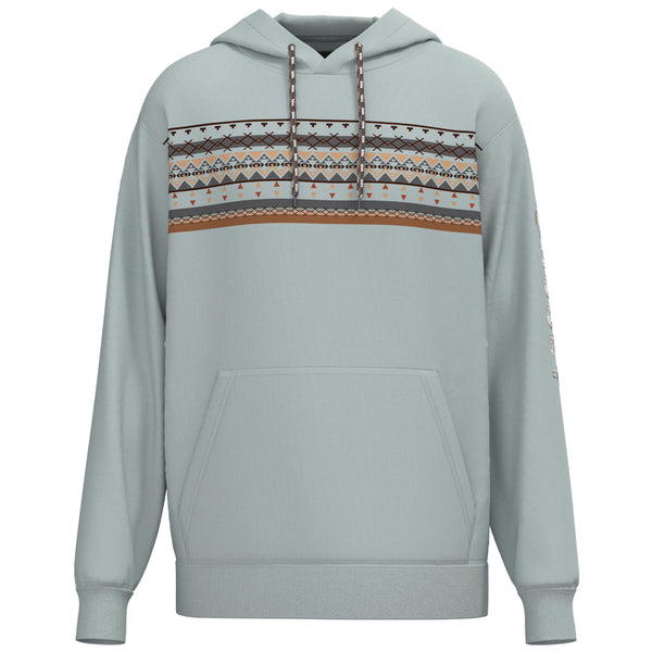 hero image of white hooey hoody with orange and grey aztec striped pattern across the chest