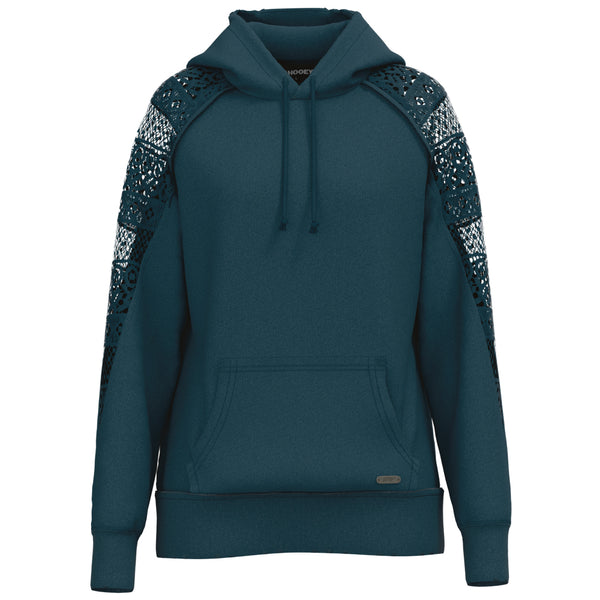 hero image of navy blue hoody with lace like pattern on shoulders and sleeves