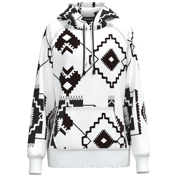 hero image of white hooey hoody with black Aztec pattern