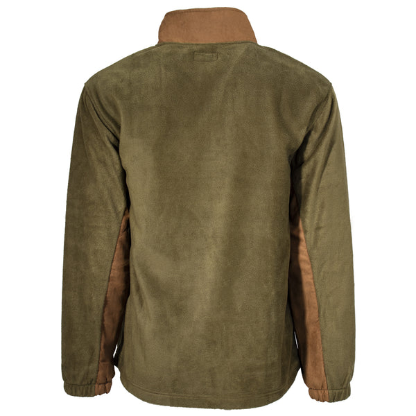back of the olive and tan fleece pullover with water resistant panels