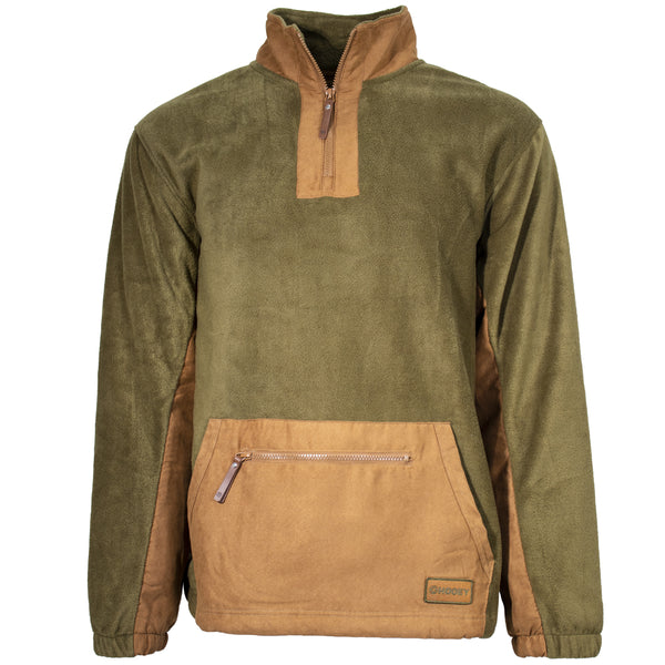 olive and tan fleece pullover with water resistant panels