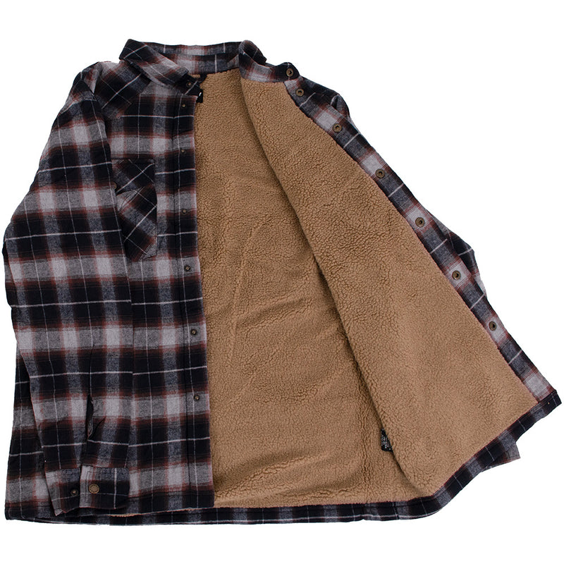 black, grey, red plaid shacket with brown fleece lining