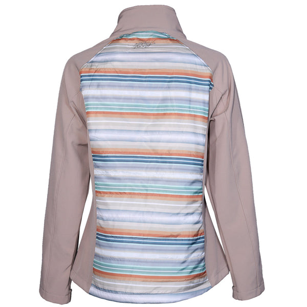 back of the youth girls softshell jacket in tan with blue, orange, yellow, white serape pattern