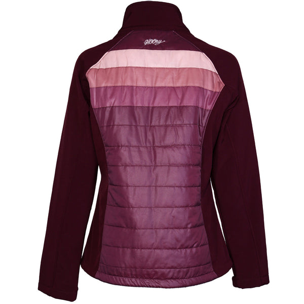 back of the youth girls softshell jacket in maroon with pink and white tone stripes