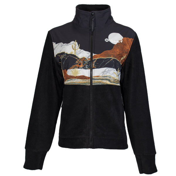 front of black jacket with desert scene printed on water resistant flap