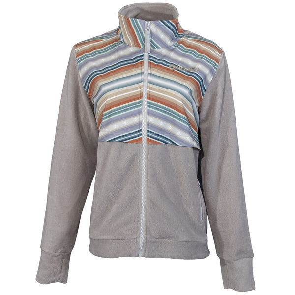 grey jacket with rust, purple, and blue striped pattern on front