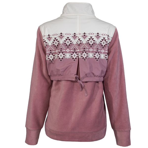 pink and white pullover with aztec pattern across the back