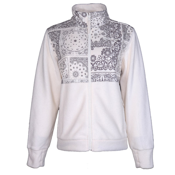 white pullover with black and white bandana pattern on upper back, chest, collar, and shoulders