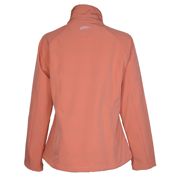 back view of peach Hooey jacket with white script logo under collar