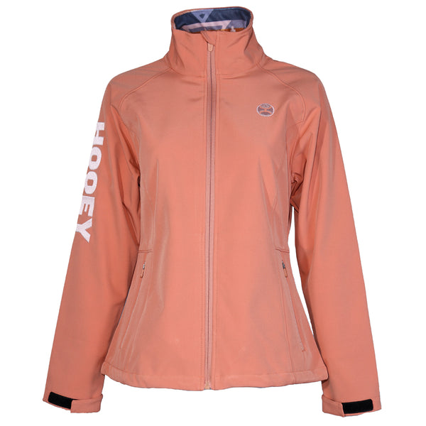 front view of peach Hooey jacket with white script logo under collar, and white Hooey block letter logo on right sleeve