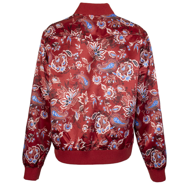 red, blue, white floral print bomber jacket back view