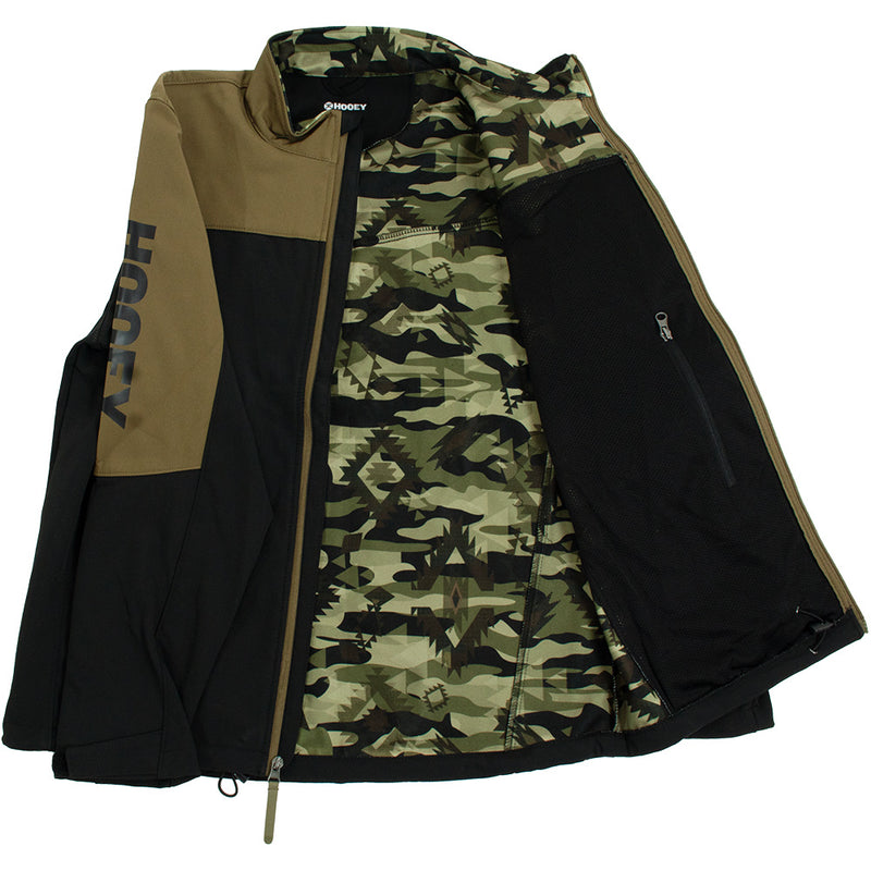 black jacket with tan shoulder patches and green and black camo/aztec lining