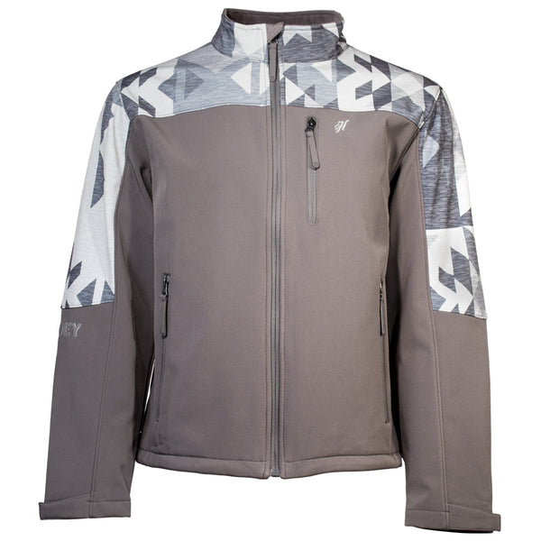 front of grey zipper jacket with grey and white pattern on collar and sleeves