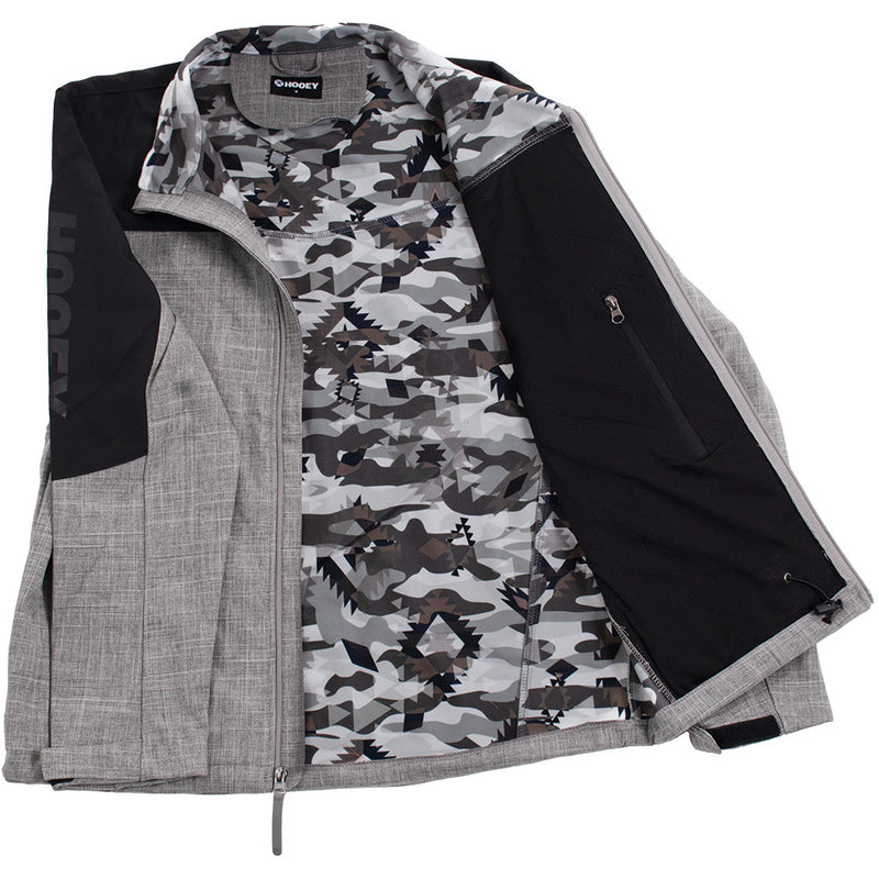 heather grey jacket with black shoulder patches and camo/aztec pattern lining