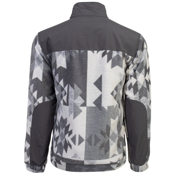 back of grey and white aztec jacket with water resistant patches on arms and collar