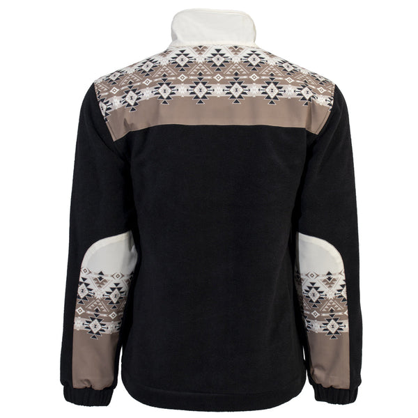 black jacket with tan, black, and white Aztec/stripe pattern on sleeves and collar