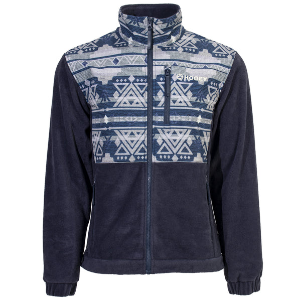 front of navy fleece jacket with navy, grey, white aztec pattern on sleeves, chest, and collar