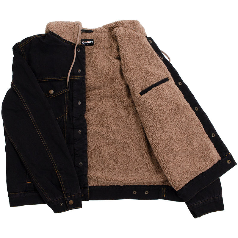 dark wash denim jacket with tan fleece lining 