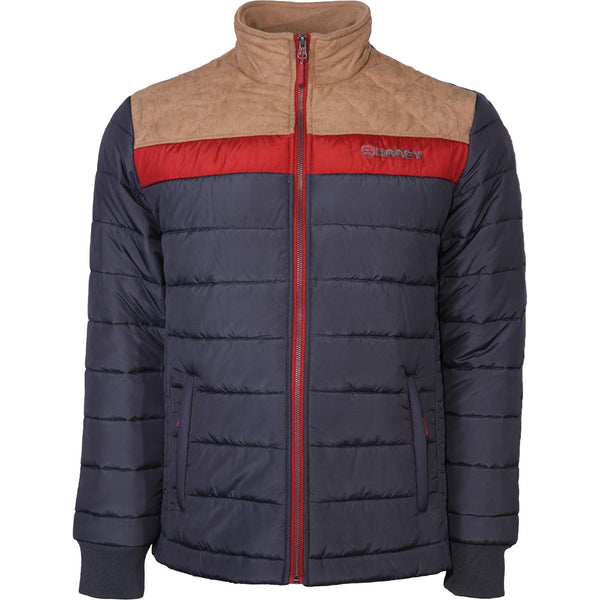 navy blue, red, and tan puffer jacket