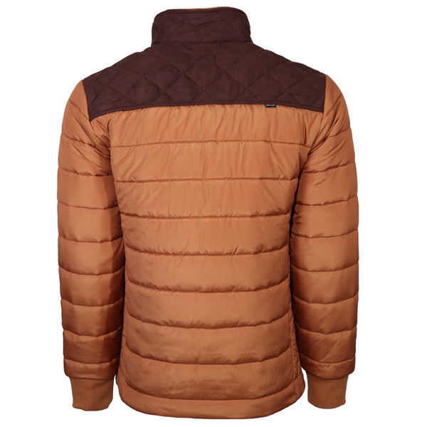 tan and brown puffer jacket