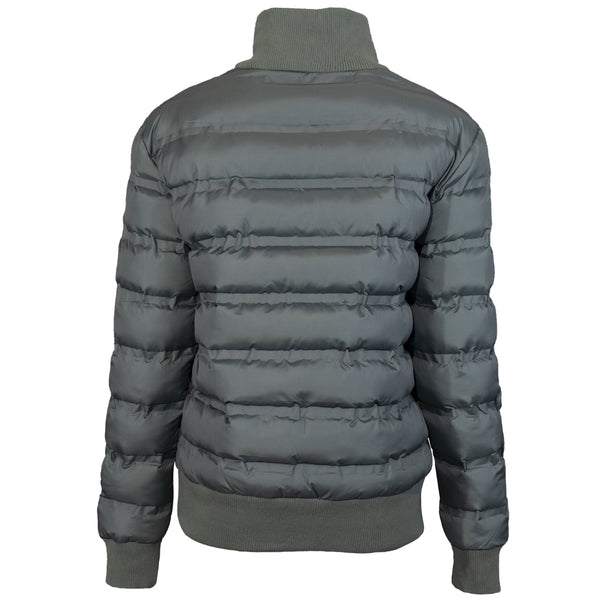 back of green puffer jacket