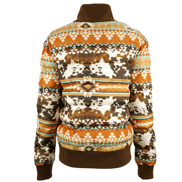 back of rust, mustard, orange, brown and white Aztec/cow print puffer jacket