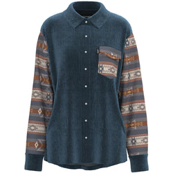 front of denim colored corduroy shacket with tan, blue, brown multi pattern on sleeves and pocket