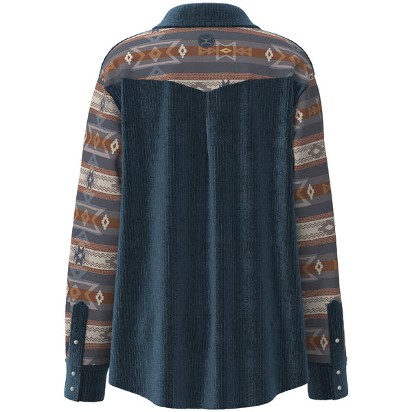 back of denim shacket with grey, brown, blue multi pattern on sleeves and collar