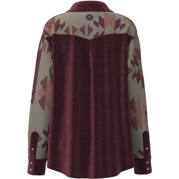 corduroy shacket in burgundy with grey and burgundy aztec pattern on sleeves and collar 