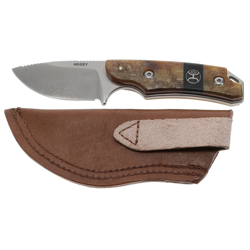 Hooey brown and tan pocket knife with brown leather knife sheath