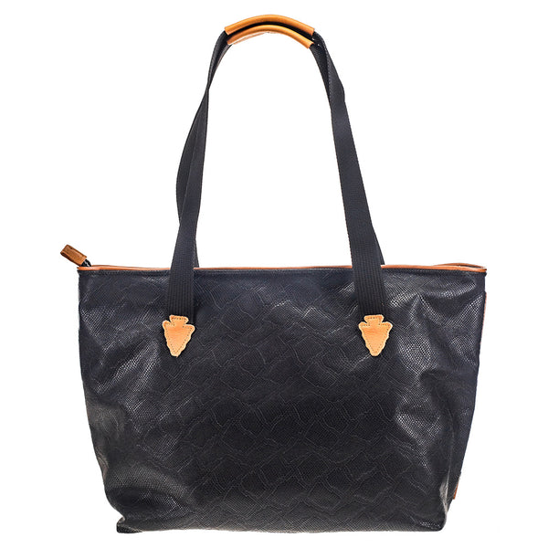 back of black and white xl tote bag with black leather snake skin like pattern
