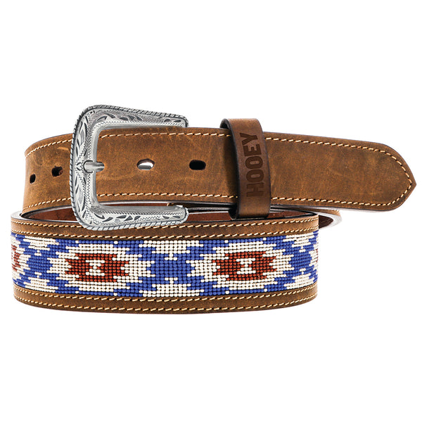 medium brown leather and blue, red, white aztec pattern belt