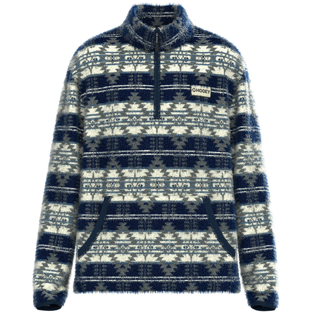 "Bear" Fleece Pullover Navy & Cream w/ Aztec